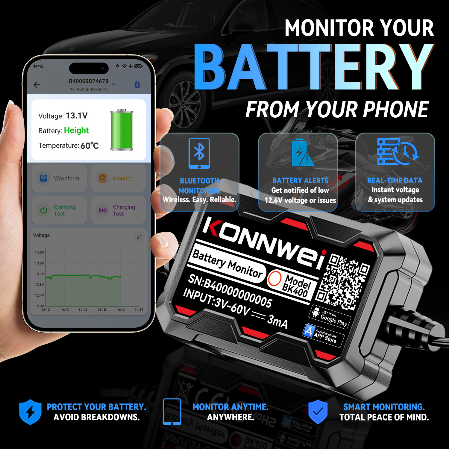 Battery Monitor Coulometer - Moniteur de batterie de voiture Bluetooth